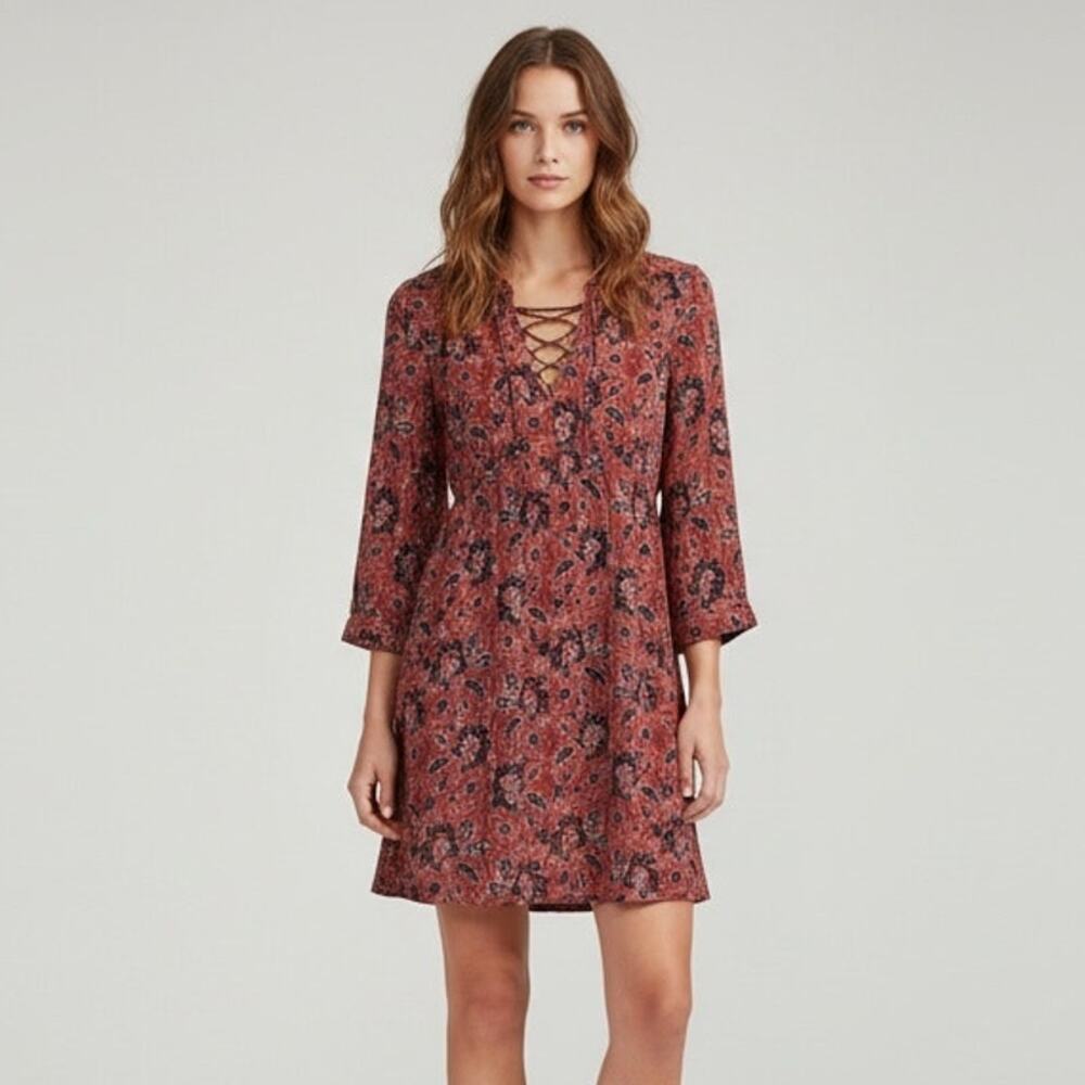 MADEWELL Silk Babydoll Dress XS Assam Floral Red Boho Lace Up Long Sleeve Mini